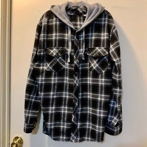 Mountain Expeditions Men’s Black Gray White Plaid Button Up Shirt w Hood Size XL